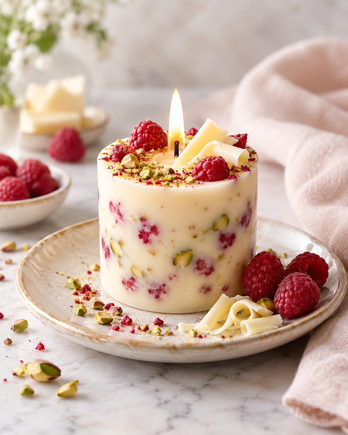 Vela de postre con frambuesas y pistacho