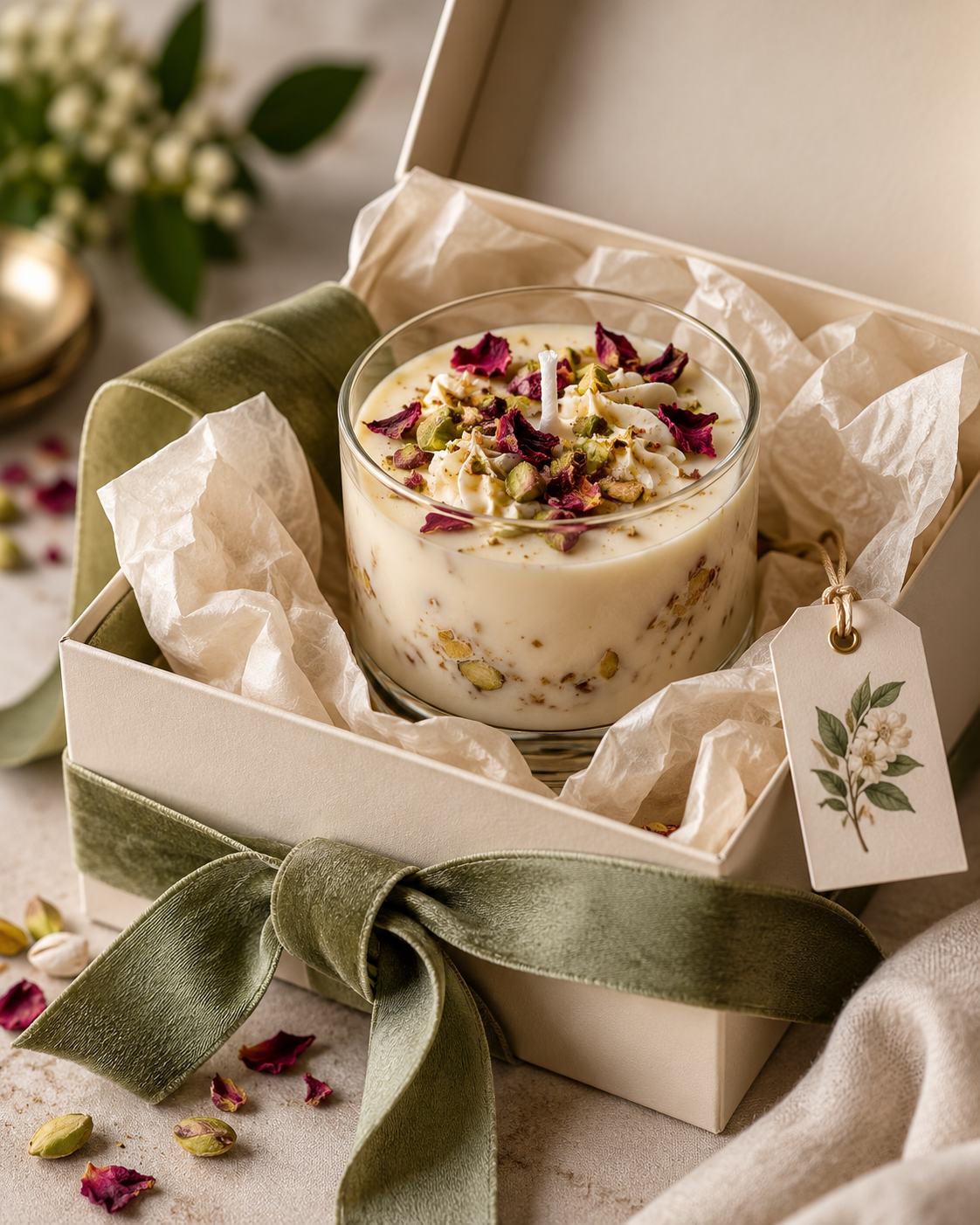 Vela gourmet de pistacho y rosas